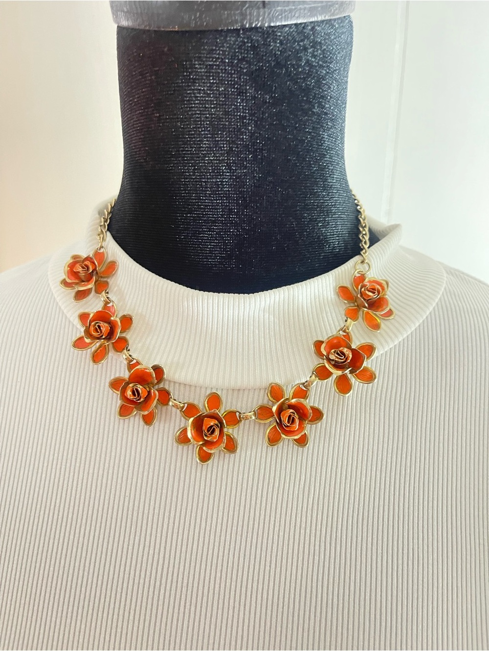 Vintage Orange Enamel Rose Link Necklace gold tone